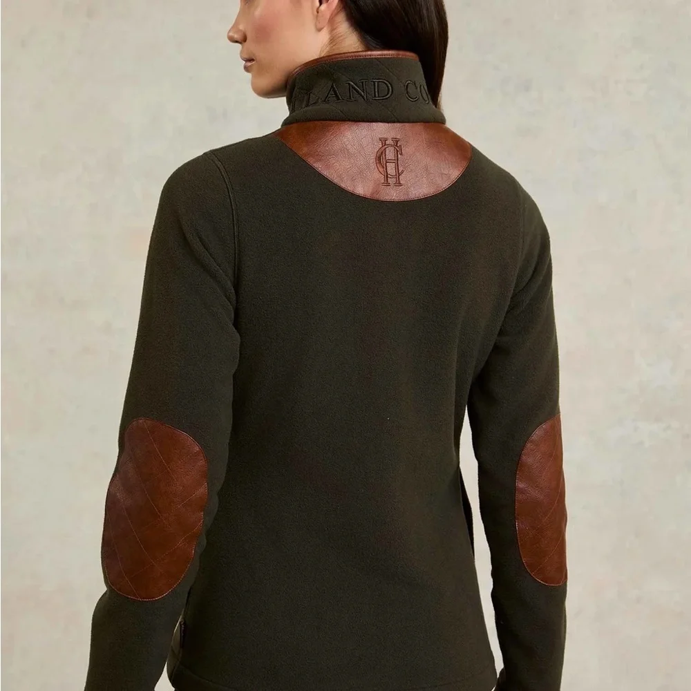 Holland Cooper Country Fleece Jacket - Dark Green with Brown Faux Leather - Picture 2 of 5